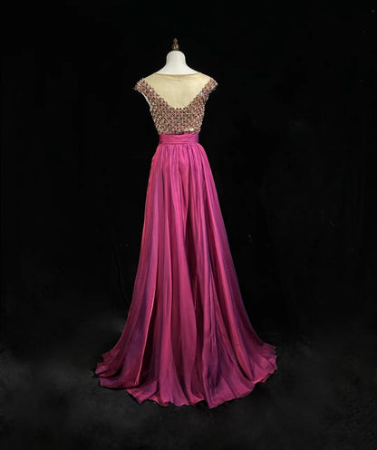 Vintage Prom Dresses A line Scoop Fuchsia Chiffon With Beading 80s Long Formal Evening Outfits N3880