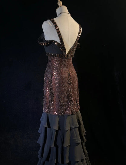 Sparkly Prom Dresses Mermaid Spaghetti Strap Black Chiffon With Sleeves Evening Outfits Long Formal Dress RB3259