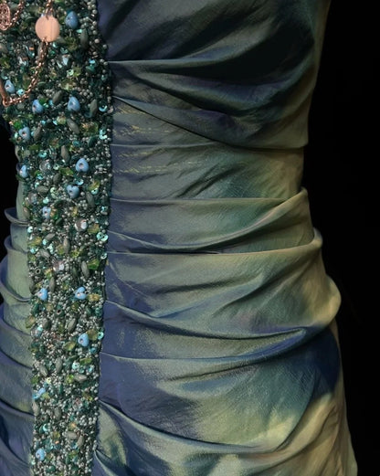 Elegant Prom Dresses Mermaid Sweetheart Green Taffeta With Beaded Sleeveless Long Formal Gown N2896