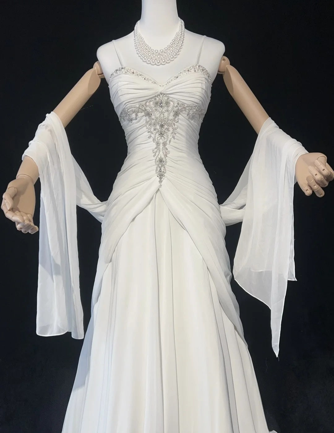 Timeless Wedding Dresses Mermaid Spaghetti Strap White Chiffon With Scarf Long Bridal Gown N3063