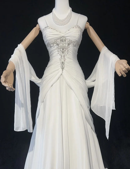 Timeless Wedding Dresses Mermaid Spaghetti Strap White Chiffon With Scarf Long Bridal Gown N3063
