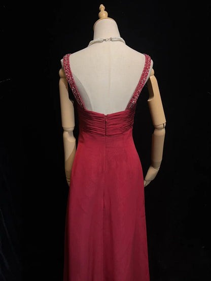 Elegant Prom Dresses A line Jewel Neck Burgundy Chiffon With Cape Beaded Sleeveless Long Formal Gown N2885