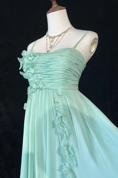Vintage Prom Dresses A line Spaghetti Strap Mint Green Chiffon Sleeveless 1980s Long Formal Evening Gown N2630