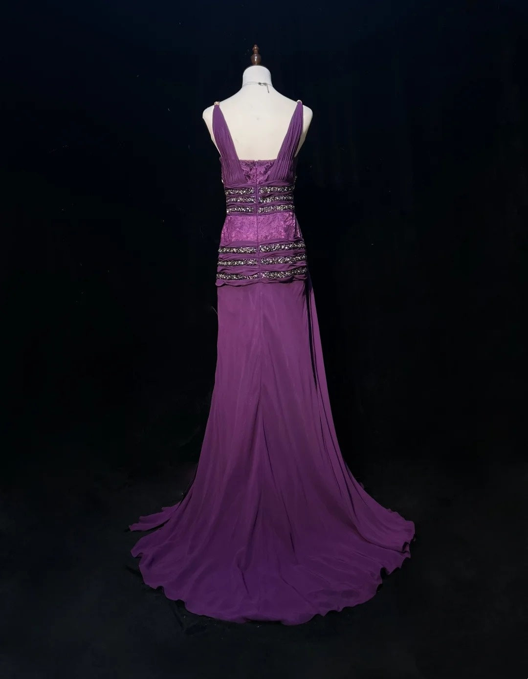 Vintage Prom Dresses A Line V Neck Purple Chiffon With Beading Folds Long Formal Dress N2460