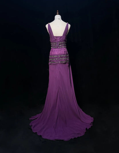 Vintage Prom Dresses A Line V Neck Purple Chiffon With Beading Folds Long Formal Dress N2460