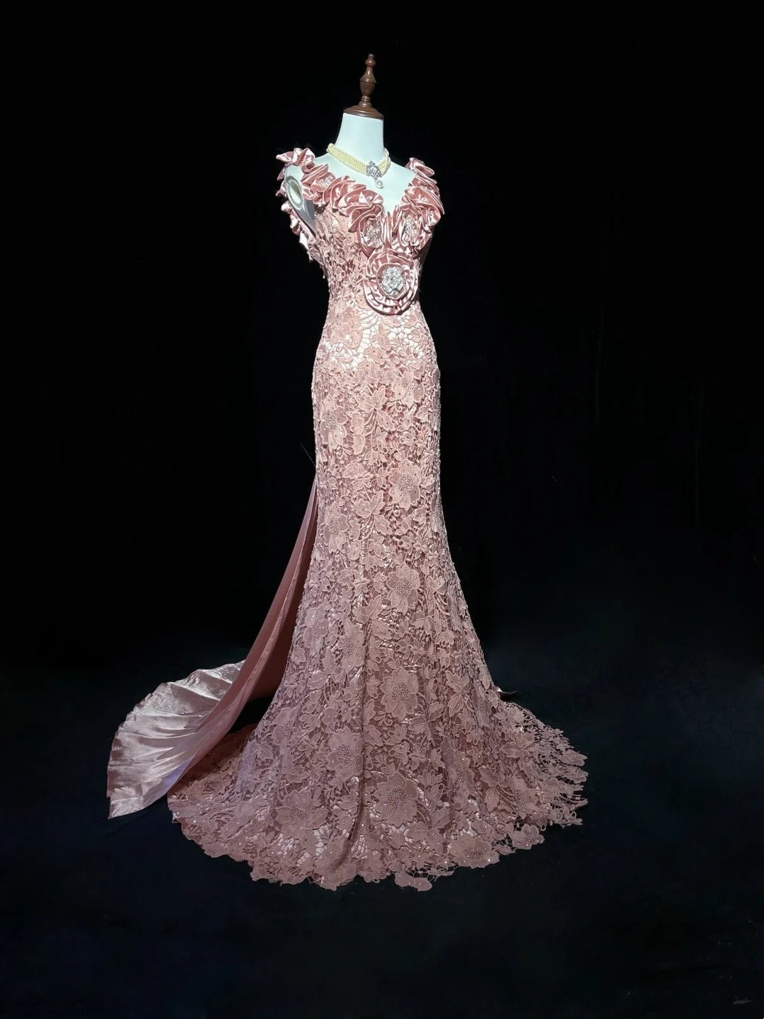 Vintage Prom Dresses Mermaid V Neck Pink Lace With 3d Flowers 1950s Long Formal Gown N2594