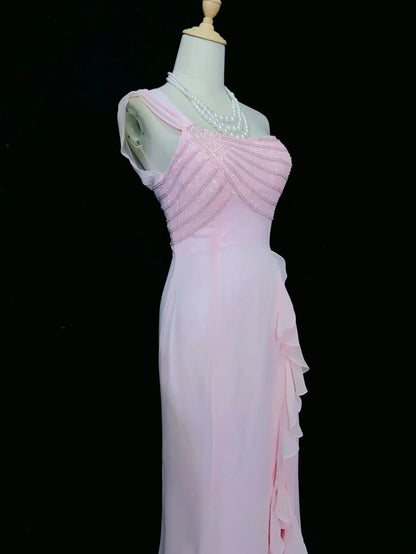 Vintage Prom Dresses 80s Mermaid One Shoulder Pink Chiffon Sleeveless With Beading Semi Formal Evening Outfits N3620