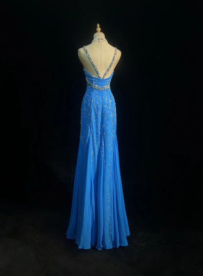 Vintage Prom Dresses Mermaid Halter Blue Chiffon With Beads Jewels Floor Length 80s Formal Gown N2582