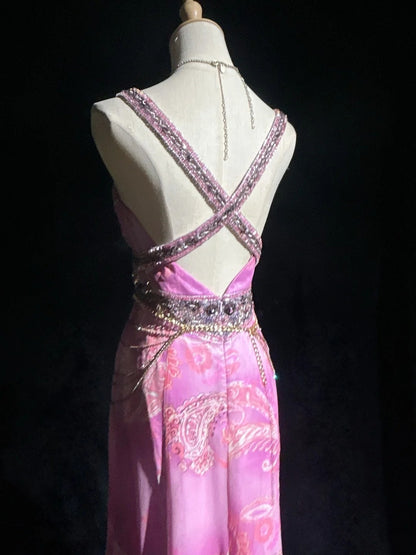 Vintage Prom Dresses Inspo A line High Low Pink Chiffon With Beads 80s Long Formal Gown N2734