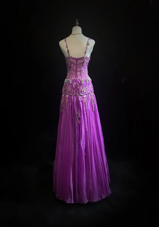 Vintage Prom Dresses Mermaid Spaghetti Strap Purple Chiffon With Beads Appliques Floor Length 80s Formal Gown N2583