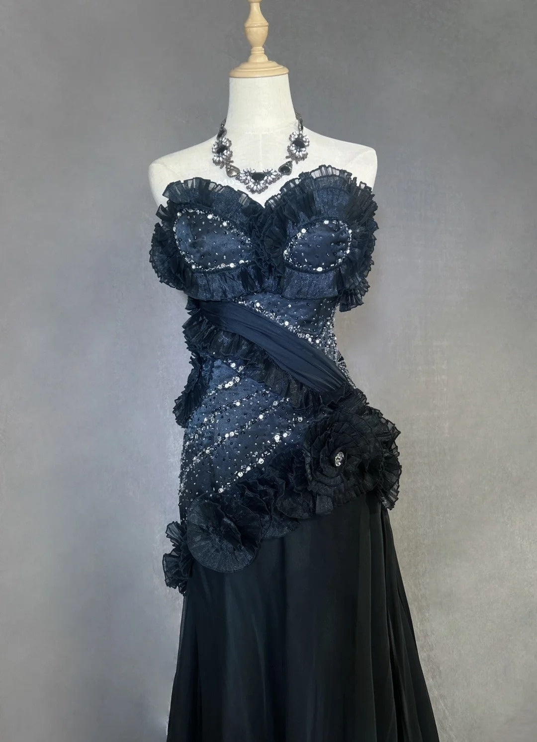 Vintage Prom Dresses Mermaid Sweetheart Black Tie Dress Chiffon With Beading 1980s Long Formal Gown N2621