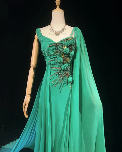 Elegant Mermaid One Shoulder Green Chiffon With Silver Beaded Bodice Formal Dress Long Prom Dresses N2726
