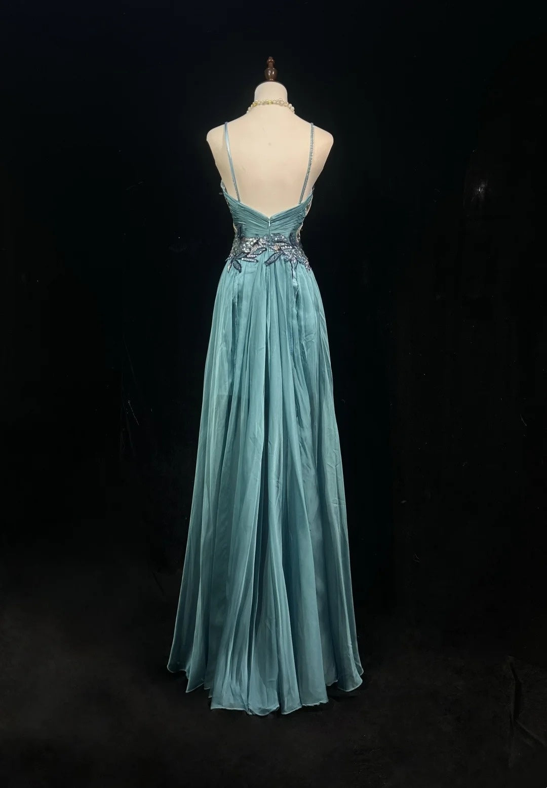 Vintage Classy Prom Dresses A Line Tiffany Blue V Neck Lace Satin With Beaded Evening Long Dress N3300