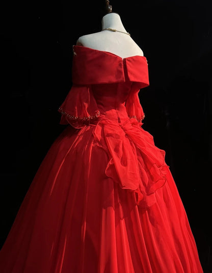Modest Prom Dresses Ball Gown Off The Shoulder Red Tulle With Sleeves Long Quince Dress N3292