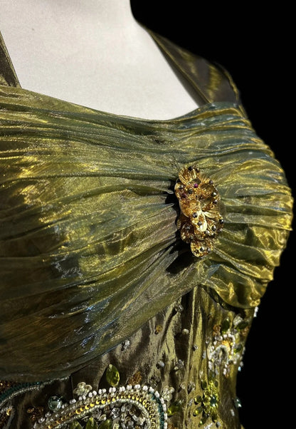 Vintage Prom Dresses Ball Gown Square Neck Olive Green 80s With Beading Long Formal Evening Outfits N3873