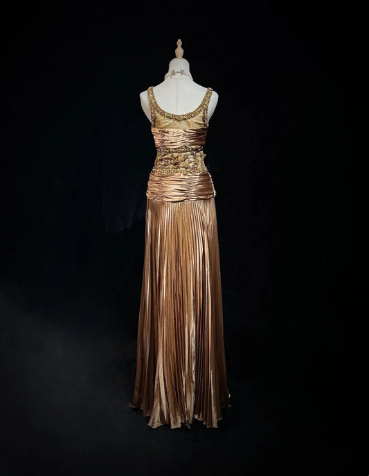 Vintage Prom Dresses Inspo A line V Neck With Gold Ruffled Beading For Women Formal Dress N3235