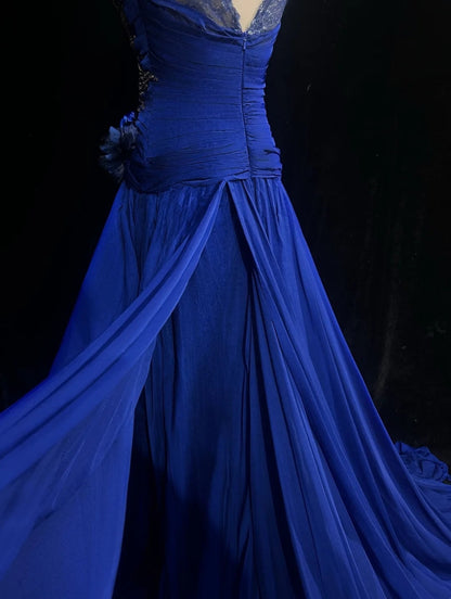 Classy Prom Dresses A Line Scoop Royal blue Chiffon Lace With Beading Long Formal Gown N2916