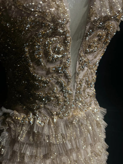 Vintage Prom Dresses A line Spaghetti Strap Gold Lace With Sleeves 80s Evening Formal Dress RB3268
