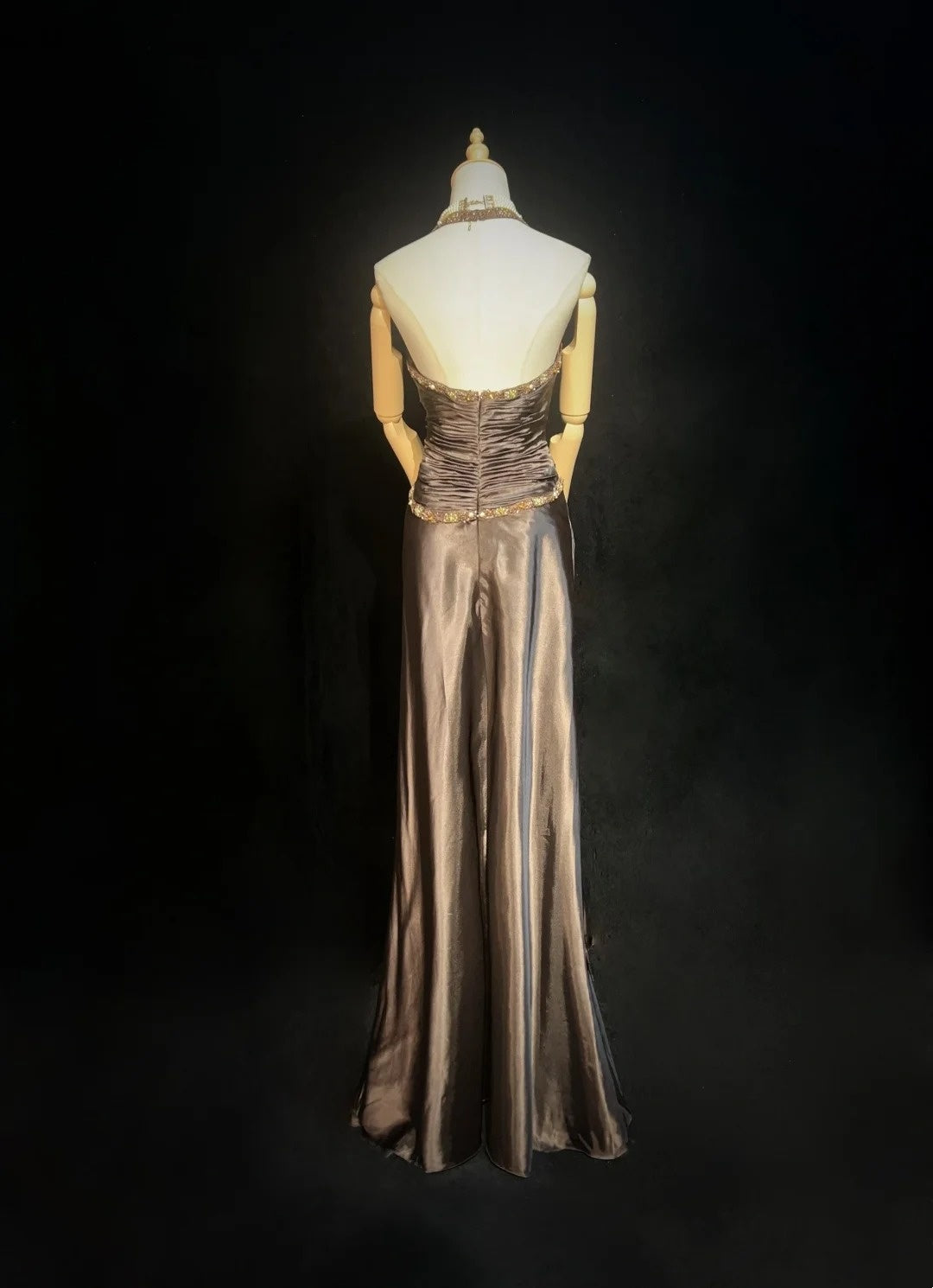 Vintage Prom Dresses A Line Halter Brown Sleeveless Satin With Cape Beading 1980s Long Formal Gown N2864