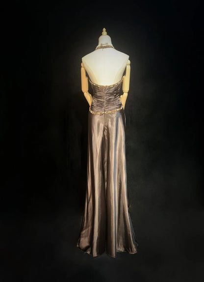 Vintage Prom Dresses A Line Halter Brown Sleeveless Satin With Cape Beading 1980s Long Formal Gown N2864
