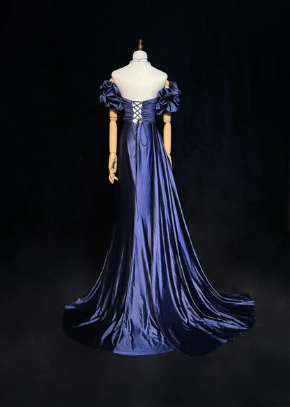 Vintage Prom Dresses Mermaid Sweetheart Navy Blue Satin With Beaded Sleeves 90s Long Formal Evening Gown N2657