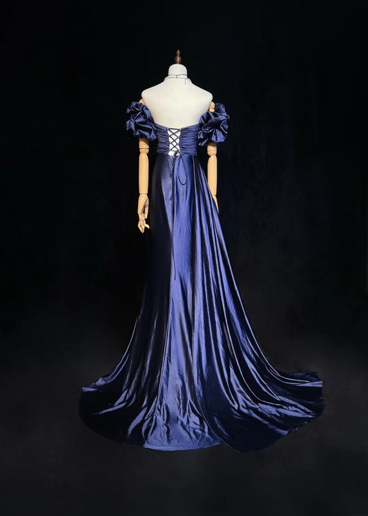 Vintage Prom Dresses Mermaid Sweetheart Navy Blue Satin With Beaded Sleeves 90s Long Formal Evening Gown N2657
