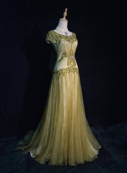 Vintage Prom Dresses 90s Mermaid Jewel Neck Gold Tulle With Beading Long Semi Formal Evening Dress N3674