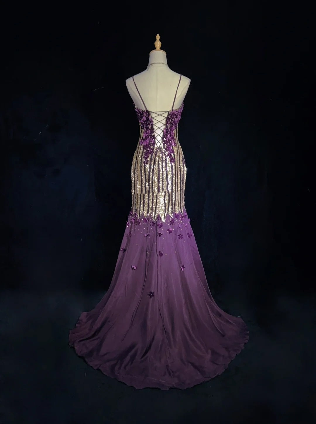 Glitter Prom Dresses Mermaid Spaghetti Strap Purple Chiffon With Flowers Long Formal Evening Dress N3893