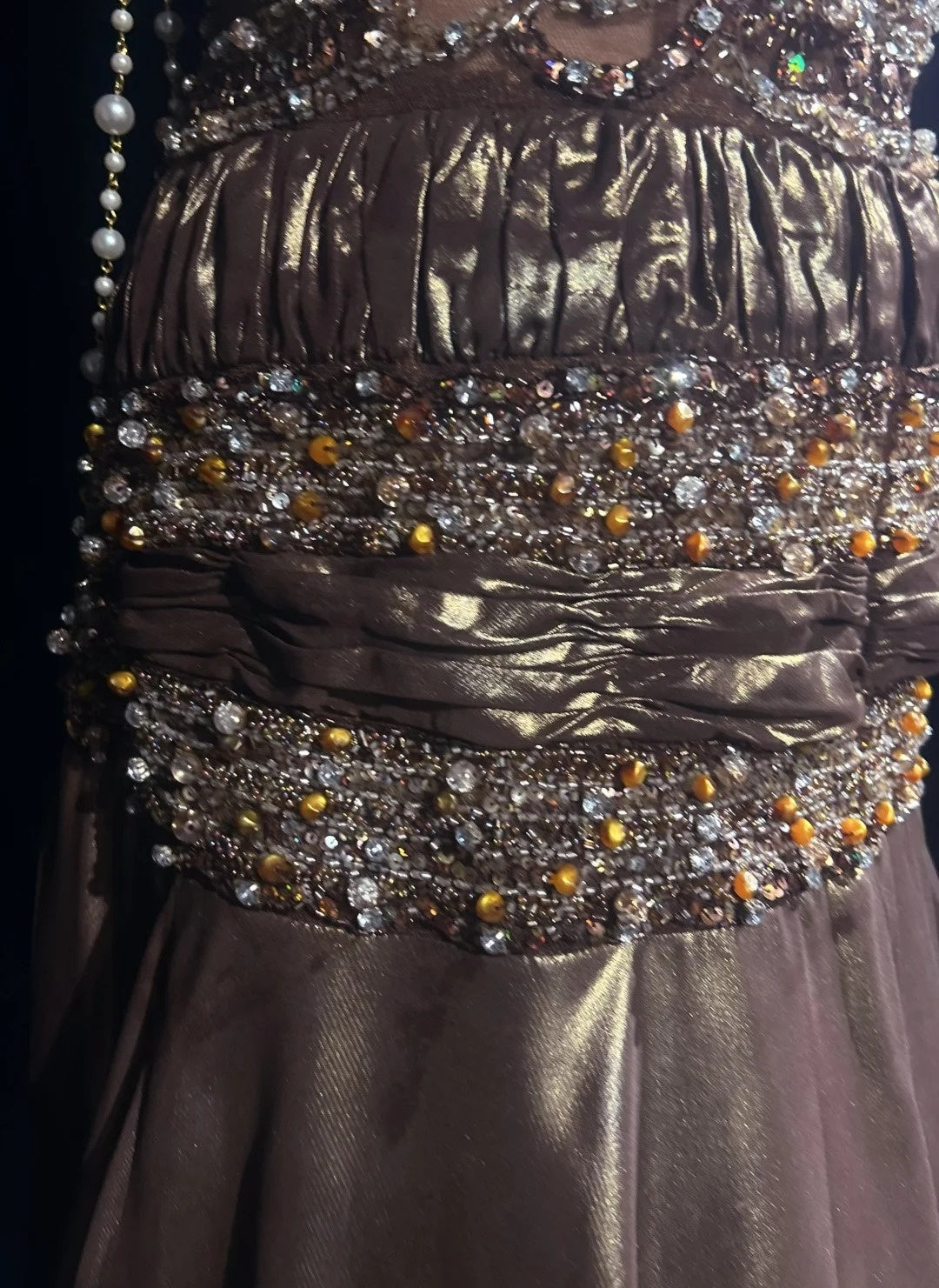 Vintage Prom Aesthetic Dresses Mermaid V Neck Brown Satin With Beading Gem Long Formal Dress N3021