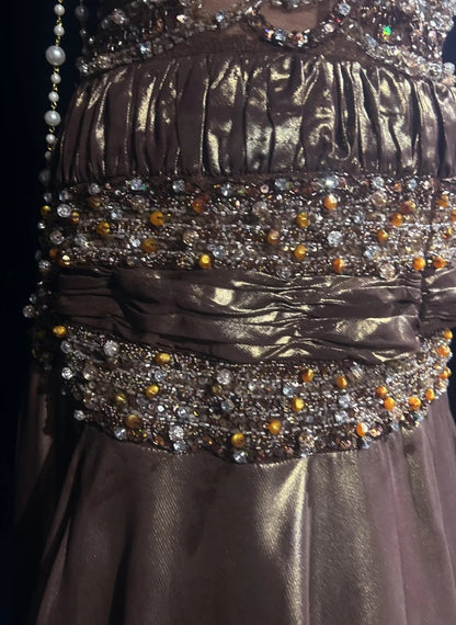 Vintage Prom Aesthetic Dresses Mermaid V Neck Brown Satin With Beading Gem Long Formal Dress N3021