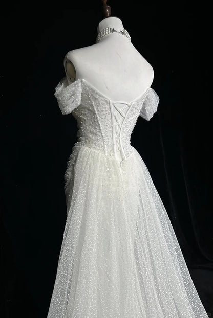 Unique Wedding Dresses Mermaid Off The Shoulder Sequin With Ruffled White Long Bridal Gown N3619