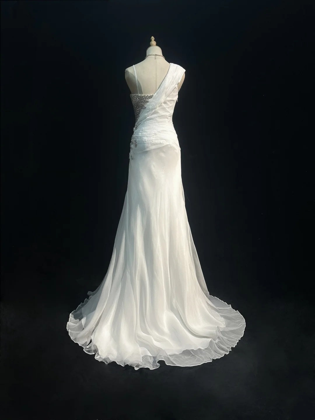 Vintage 90s Prom Dresses Mermaid White Chiffon With Ruffled Silver Beads Long Prom Gown With Cape N3035