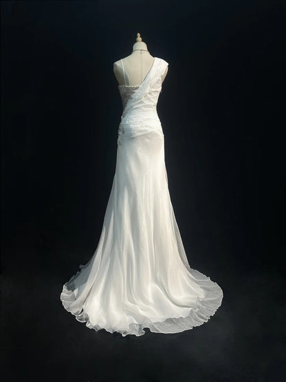 Vintage 90s Prom Dresses Mermaid White Chiffon With Ruffled Silver Beads Long Prom Gown With Cape N3035