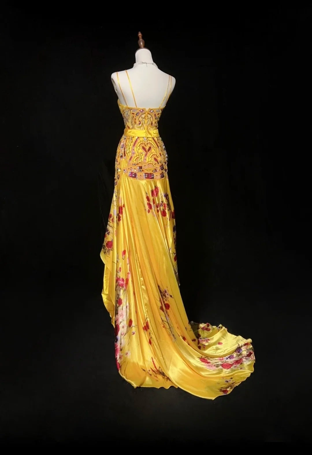 Yellow Prom Dress Inspo Mermaid Spaghetti Straps Floral Satin Long Formal Party Gown RC0097