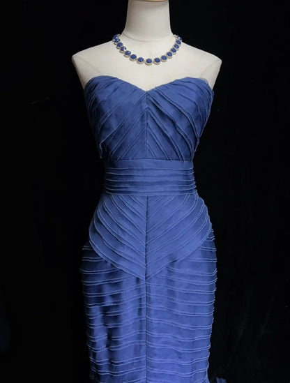 Vintage Prom Dresses Mermaid Sweetheart Navy Blue Satin With Tiered Layers 90s Long Evening Gown N2906