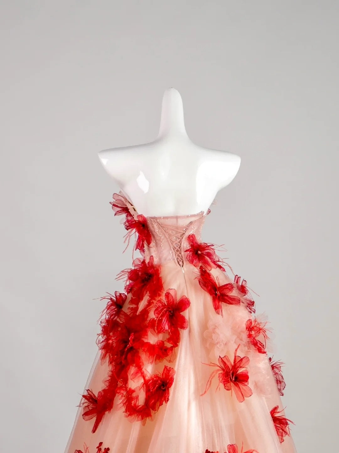 Cute Ball Gown Strapless Red Floral Sleeveless With Applique Pink Tulle Long Quinceanera Dresses Sweet 15 16 Birthday Outfit N676