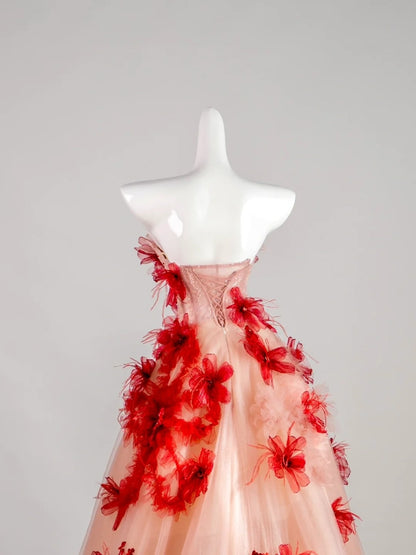 Cute Ball Gown Strapless Red Floral Sleeveless With Applique Pink Tulle Long Quinceanera Dresses Sweet 15 16 Birthday Outfit N676