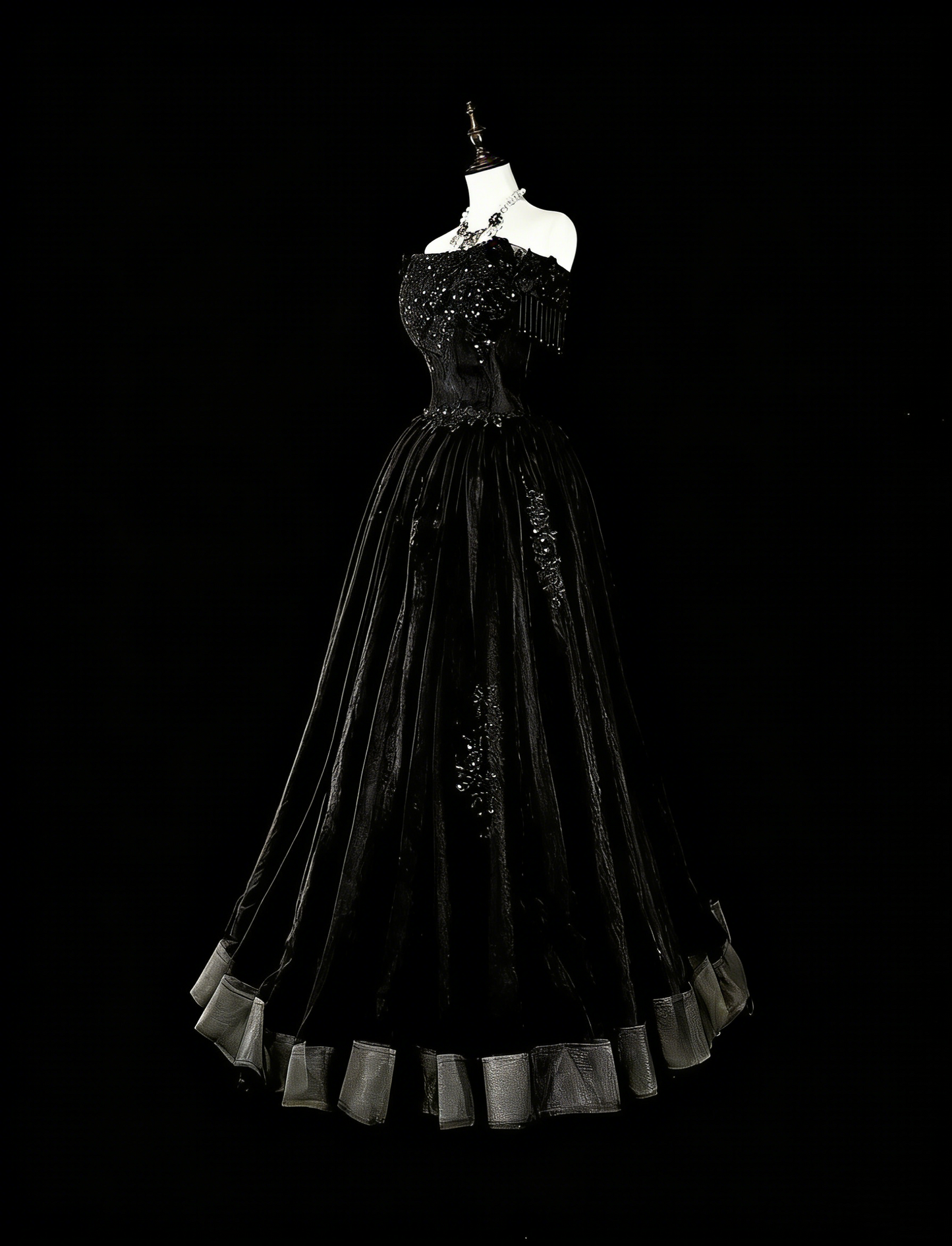 Vintage Prom Dresses Aesthetic 1970s Retro Ball Gown Strapless Black Tulle Long Formal Dress N2152