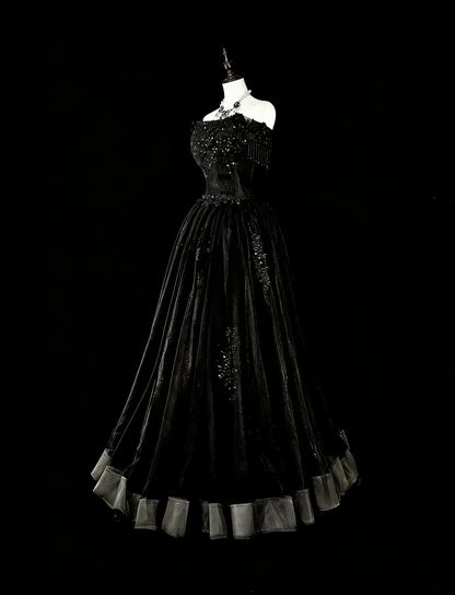 Vintage Prom Dresses Aesthetic 1970s Retro Ball Gown Strapless Black Tulle Long Formal Dress N2152
