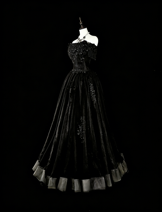 Vintage Prom Dresses Aesthetic 1970s Retro Ball Gown Strapless Black Tulle Long Formal Dress N2152
