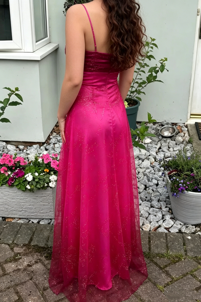 Vintage A Line Spaghetti Strap Hot Pink Sleeveless Long Prom Dresses For Women N4189