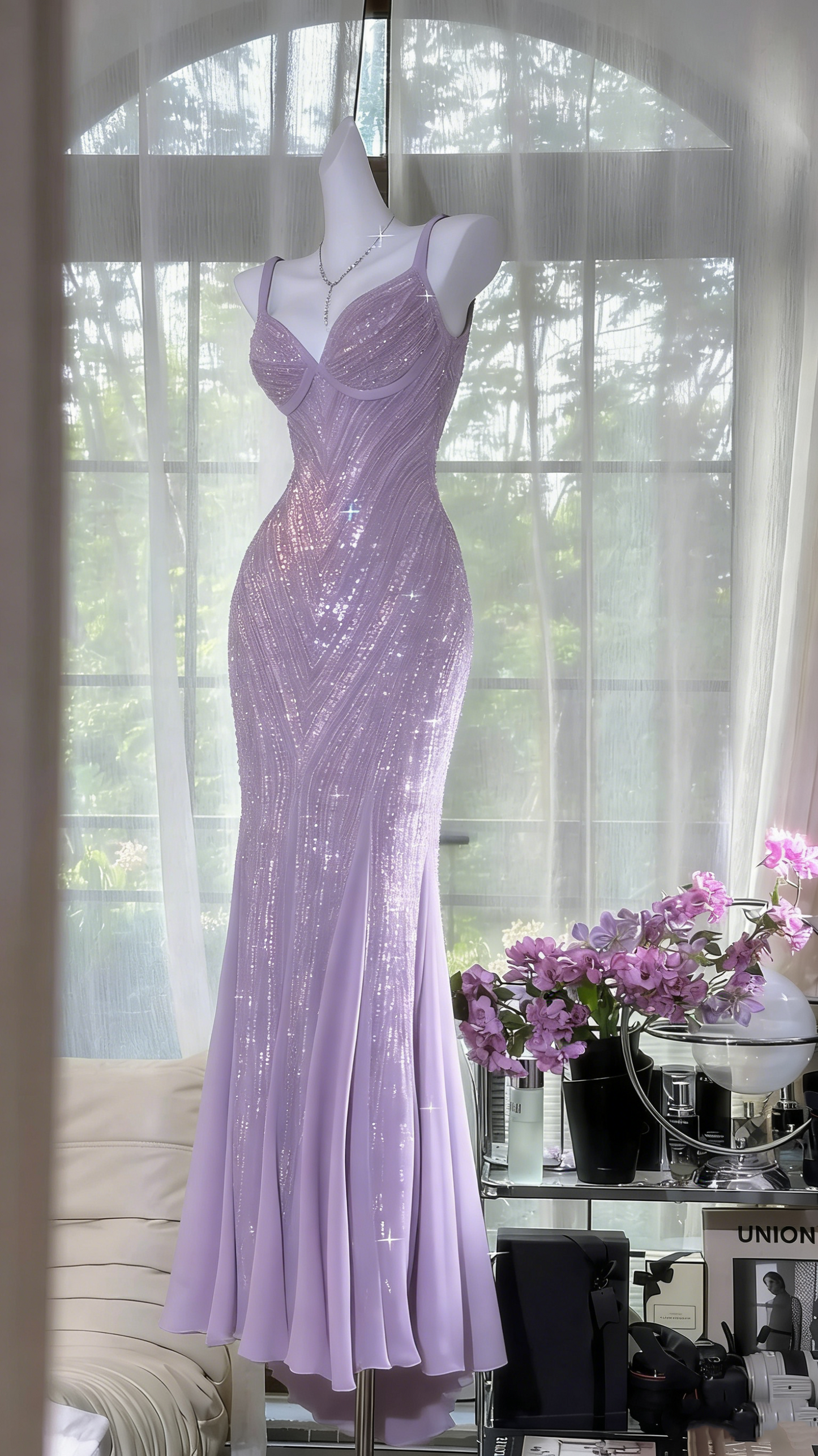 Sexy Mermaid Spaghetti Straps Grape Sequins Slit Long Prom Dresses Inspiration Party Dress 21st Birthday Outfit Graduation Dress RB1196