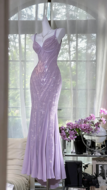 Sexy Mermaid Spaghetti Straps Grape Sequins Slit Long Prom Dresses Inspiration Party Dress 21st Birthday Outfit Graduation Dress RB1196