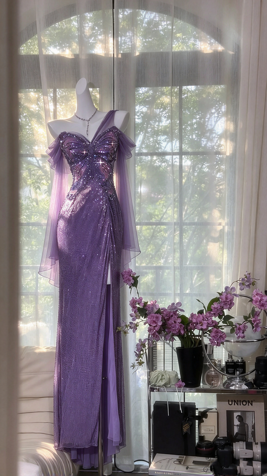 Prom Dresses Inspiration Mermaid One Shoulder Lilac Sequin Slit With Beading Long Formal Party Gown 8th Grade Dress RC1243
