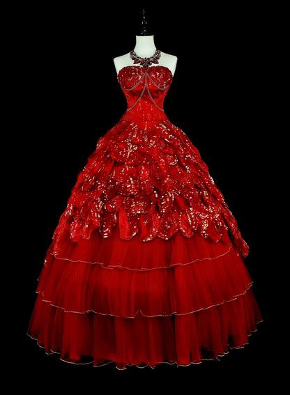 Cute Ball Gown Strapless Burgundy With Tiered Layers Ruffles Long Party Gowns Prom Dresses N2147