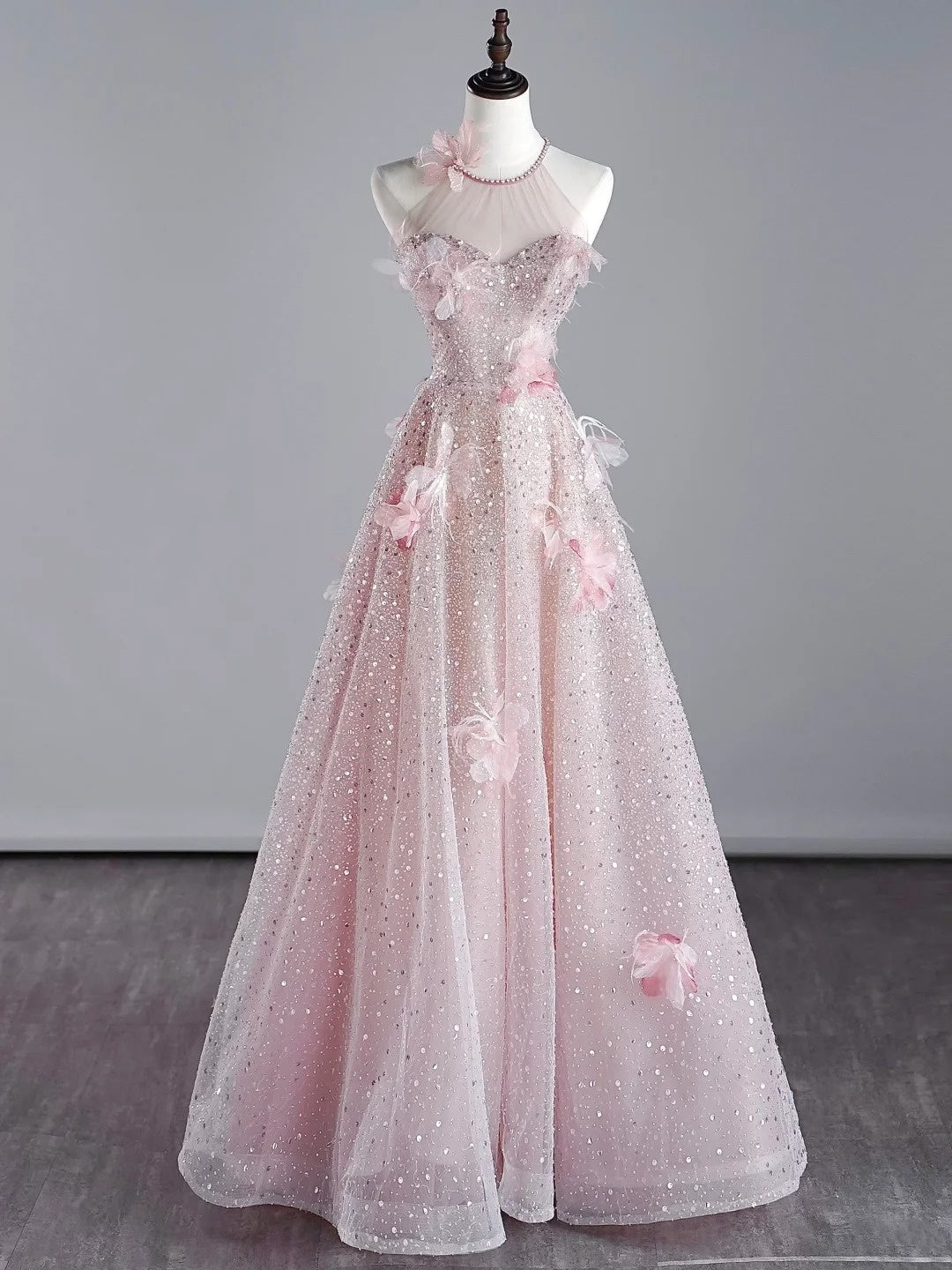 Modest A line Scoop Neck Pink Sequins Prom Dresses Inspiration Party Gowns Princess Formal Dress N758
