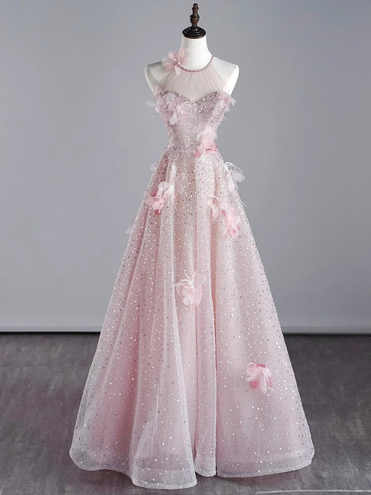 Modest A line Scoop Neck Pink Sequins Prom Dresses Inspiration Party Gowns Princess Formal Dress N758