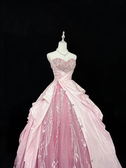 Sweet 16 Dresses Long Ball Gown Sweet Sixteen Long Birthday Dress Sweetheart Pink Tulle Formal Gown RC0288