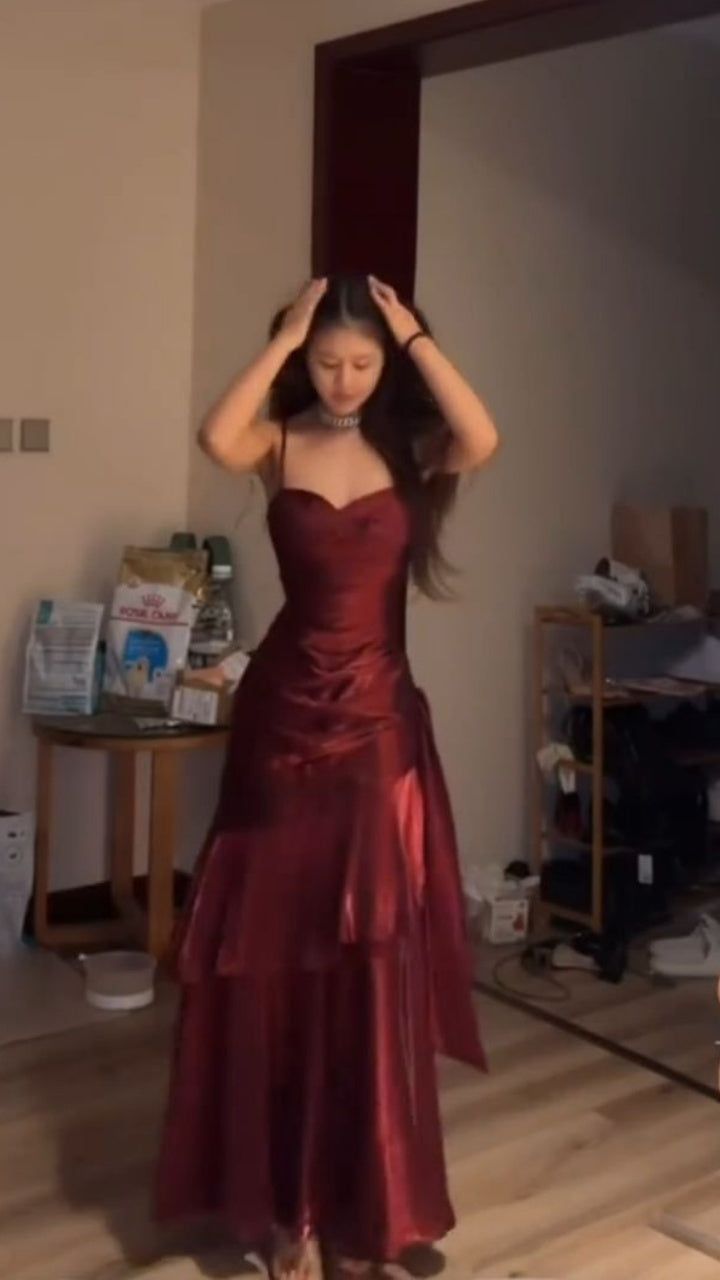 Fashion Burgundy Ruffle Long Prom Dresses Spaghetti Straps Dance Dress AB1613