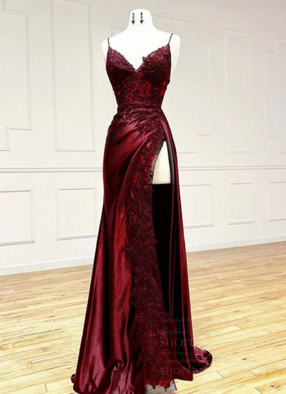 Straps Wine Red V Neck Satin Lace Long Prom Dresses AB1612